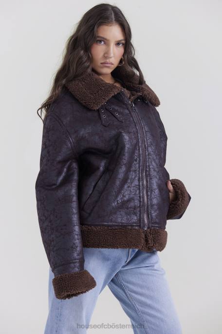 House of CB Kleidung Z26T1025 Madden braune Fliegerjacke aus veganem Lammfell