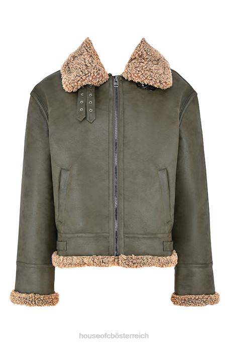 House of CB Kleidung Z26T1038 Madden Armygrüne Fliegerjacke aus veganem Shearling