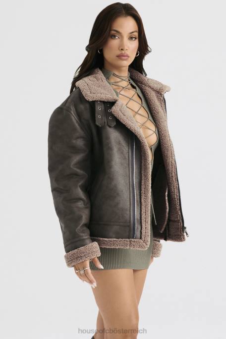 House of CB Kleidung Z26T1038 Madden Armygrüne Fliegerjacke aus veganem Shearling