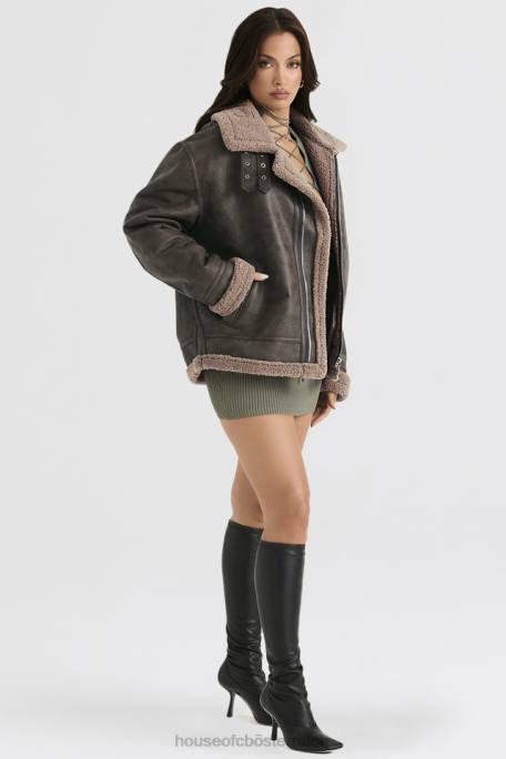 House of CB Kleidung Z26T1038 Madden Armygrüne Fliegerjacke aus veganem Shearling