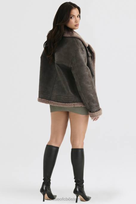 House of CB Kleidung Z26T1038 Madden Armygrüne Fliegerjacke aus veganem Shearling