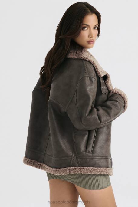 House of CB Kleidung Z26T1038 Madden Armygrüne Fliegerjacke aus veganem Shearling