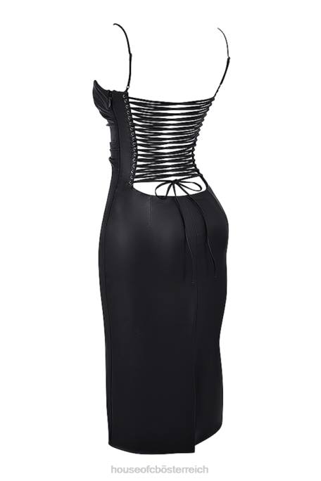 House of CB Kleidung Z26T127 Jalena schwarzes Kleid aus veganem Leder mit Spitzenrücken