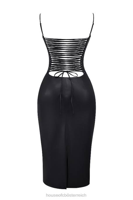 House of CB Kleidung Z26T127 Jalena schwarzes Kleid aus veganem Leder mit Spitzenrücken