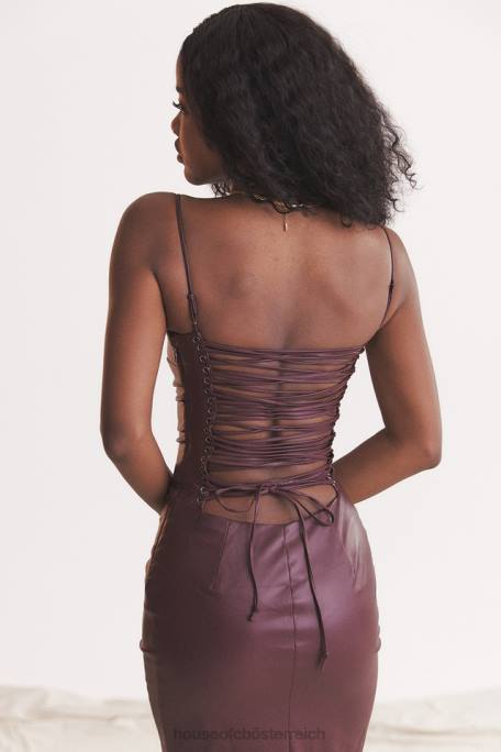 House of CB Kleidung Z26T165 Jalena Maulbeerkleid aus veganem Leder mit Spitzenrücken