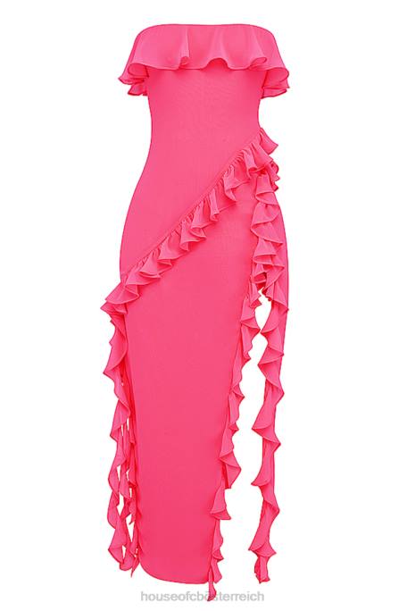 House of CB Kleidung Z26T189 Sarina Fuchsia Maxikleid mit Rüschen