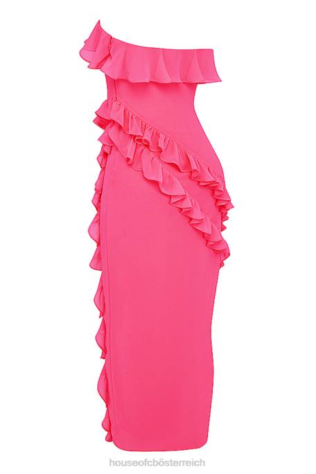 House of CB Kleidung Z26T189 Sarina Fuchsia Maxikleid mit Rüschen