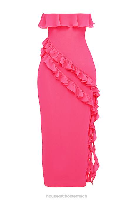 House of CB Kleidung Z26T189 Sarina Fuchsia Maxikleid mit Rüschen