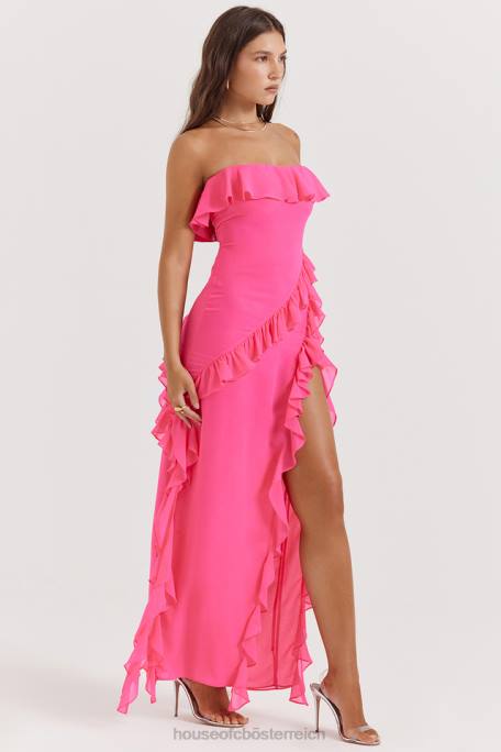 House of CB Kleidung Z26T189 Sarina Fuchsia Maxikleid mit Rüschen