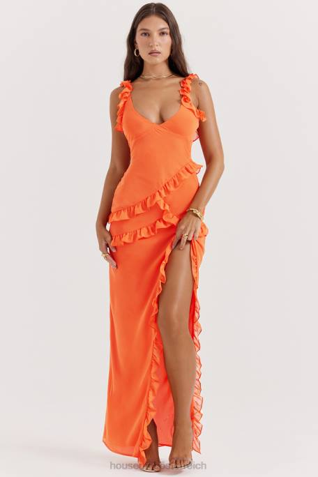 House of CB Kleidung Z26T191 Pixie Flame orangefarbenes Maxikleid mit Rüschen