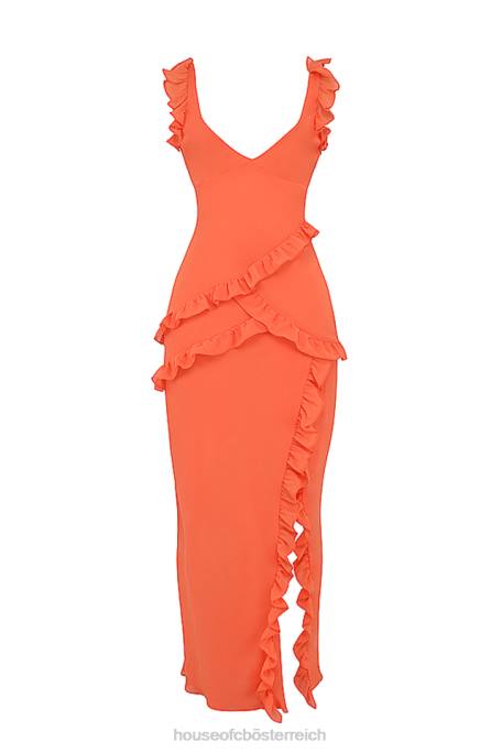 House of CB Kleidung Z26T191 Pixie Flame orangefarbenes Maxikleid mit Rüschen