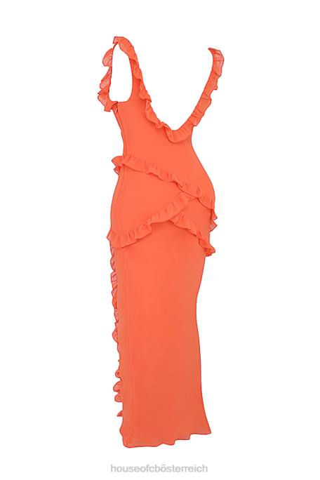 House of CB Kleidung Z26T191 Pixie Flame orangefarbenes Maxikleid mit Rüschen