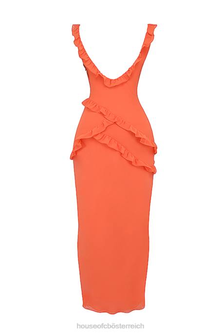 House of CB Kleidung Z26T191 Pixie Flame orangefarbenes Maxikleid mit Rüschen