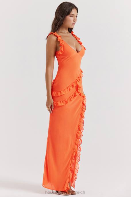 House of CB Kleidung Z26T191 Pixie Flame orangefarbenes Maxikleid mit Rüschen