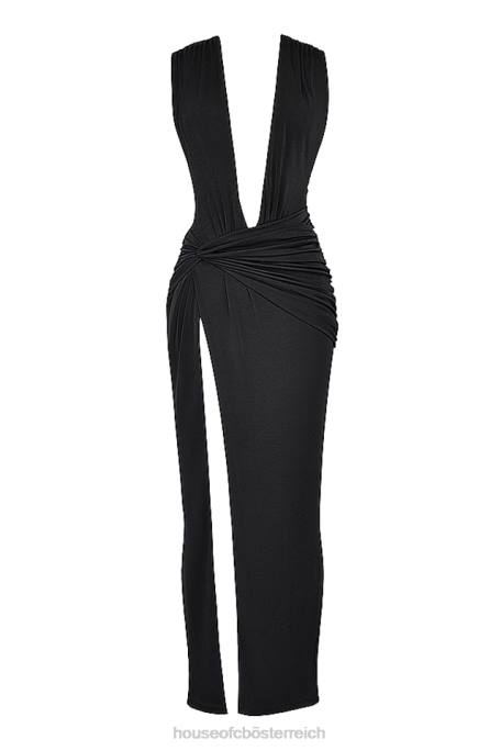 House of CB Kleidung Z26T194 Schwarzes Larelle-Maxikleid mit tiefem Ausschnitt