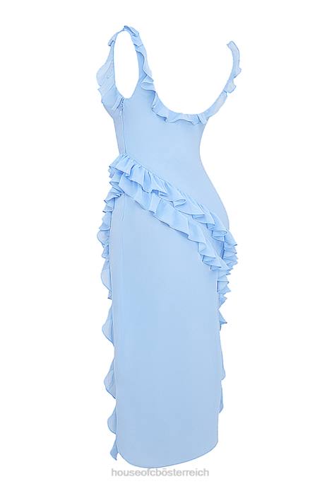 House of CB Kleidung Z26T208 Ariela weiches blaues Rüschen-Maxikleid