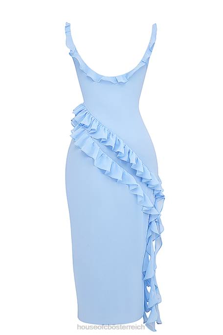 House of CB Kleidung Z26T208 Ariela weiches blaues Rüschen-Maxikleid