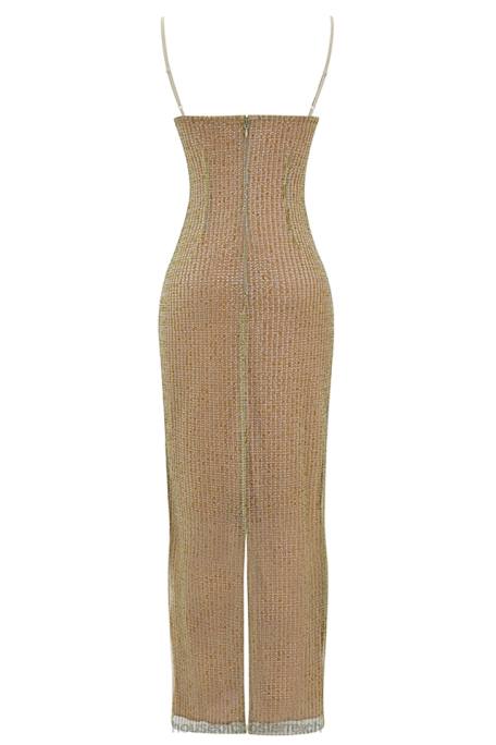 House of CB Kleidung Z26T220 Alondra Café au Lait Perlen-Maxikleid – limitierte Auflage