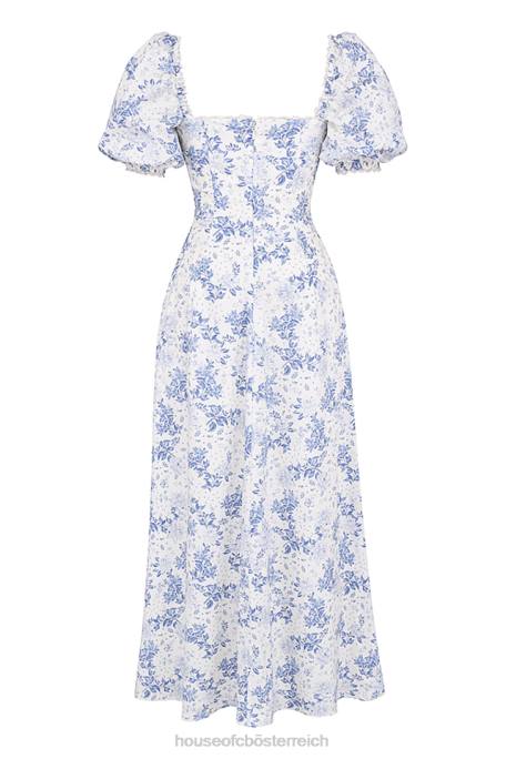 House of CB Kleidung Z26T256 Blau bedrucktes Sommerkleid mit Puffärmeln von Felizia