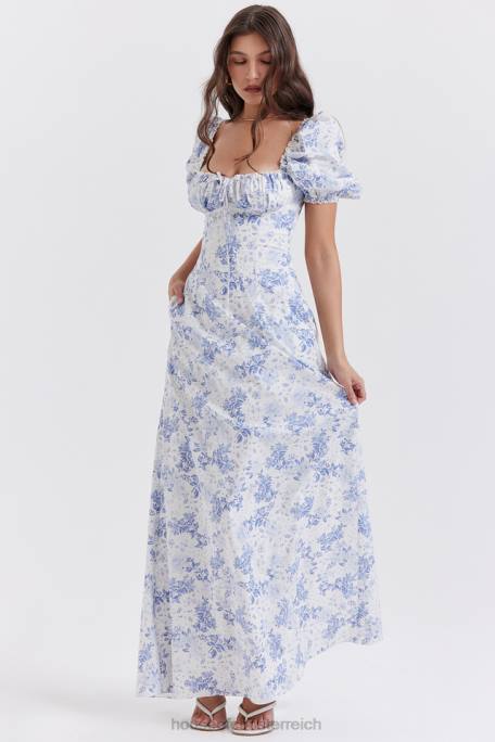 House of CB Kleidung Z26T256 Blau bedrucktes Sommerkleid mit Puffärmeln von Felizia