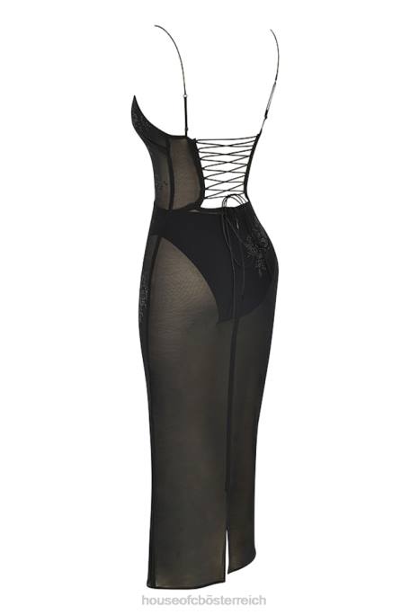 House of CB Kleidung Z26T367 Amirah schwarzes mit Kristallen verziertes Mesh-Midikleid