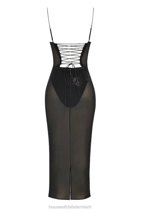 House of CB Kleidung Z26T367 Amirah schwarzes mit Kristallen verziertes Mesh-Midikleid