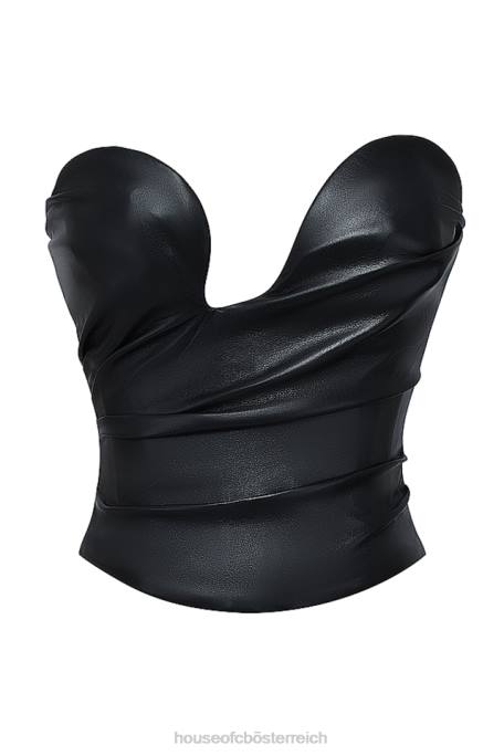 House of CB Kleidung Z26T4 Schwarzes Saffira-Korsett aus veganem Leder mit tiefem Ausschnitt