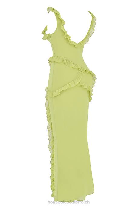 House of CB Kleidung Z26T414 Pixie Limettenfarbenes Maxikleid mit Rüschen