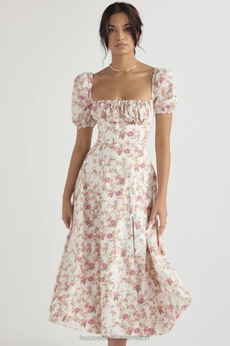 House of CB Kleidung Z26T427 Tallulah-Midi-Sommerkleid mit Rosendruck und Puffärmeln