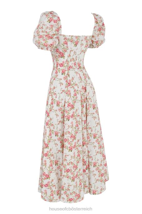 House of CB Kleidung Z26T427 Tallulah-Midi-Sommerkleid mit Rosendruck und Puffärmeln