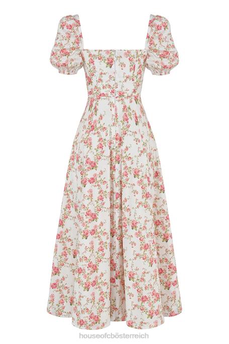 House of CB Kleidung Z26T427 Tallulah-Midi-Sommerkleid mit Rosendruck und Puffärmeln