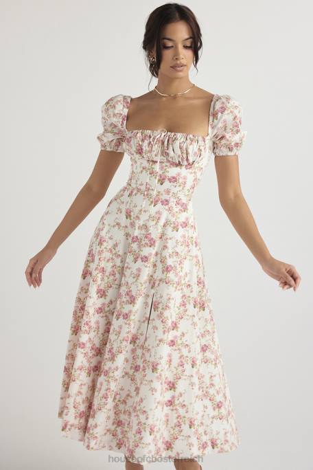 House of CB Kleidung Z26T427 Tallulah-Midi-Sommerkleid mit Rosendruck und Puffärmeln