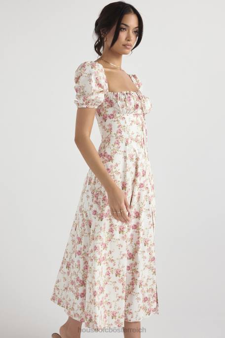 House of CB Kleidung Z26T427 Tallulah-Midi-Sommerkleid mit Rosendruck und Puffärmeln