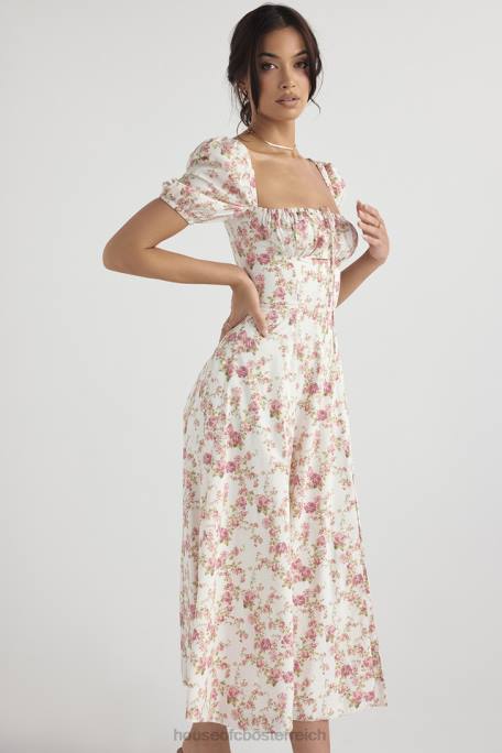 House of CB Kleidung Z26T427 Tallulah-Midi-Sommerkleid mit Rosendruck und Puffärmeln