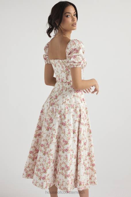 House of CB Kleidung Z26T427 Tallulah-Midi-Sommerkleid mit Rosendruck und Puffärmeln