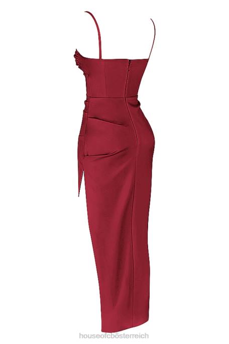 House of CB Kleidung Z26T515 Flora Wine Satin-Plissee-Korsett-Midikleid