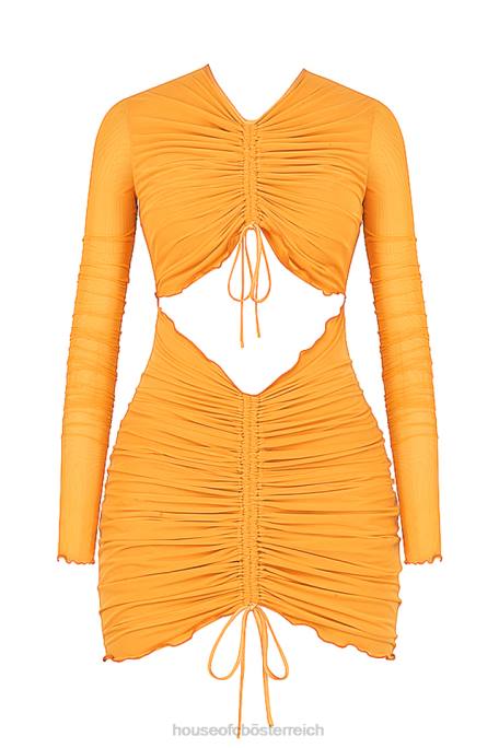 House of CB Kleidung Z26T533 Jeanelle Orange gerafftes Mesh-Minikleid mit langen Ärmeln und Ausschnitten