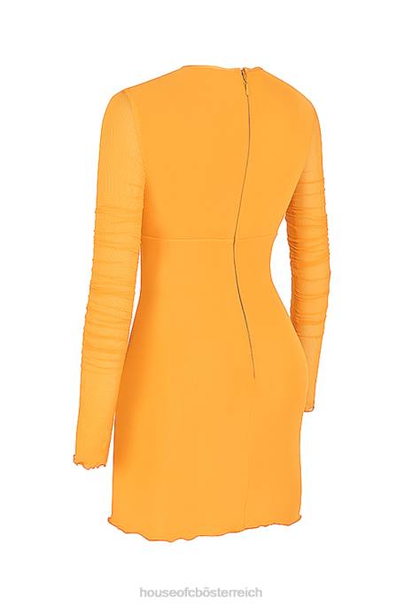 House of CB Kleidung Z26T533 Jeanelle Orange gerafftes Mesh-Minikleid mit langen Ärmeln und Ausschnitten