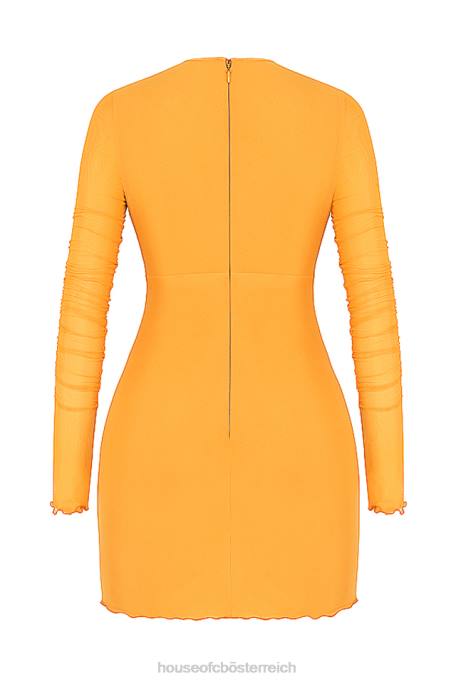 House of CB Kleidung Z26T533 Jeanelle Orange gerafftes Mesh-Minikleid mit langen Ärmeln und Ausschnitten