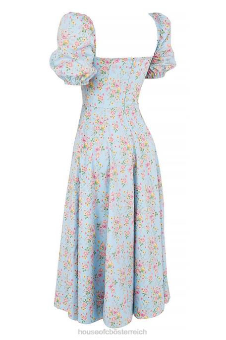 House of CB Kleidung Z26T572 Tallulah blaues Vintage-Midikleid mit Blumenmuster und Puffärmeln