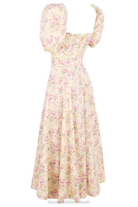 House of CB Kleidung Z26T617 Tallulah Zitronenblümchen-Midi-Sommerkleid mit Puffärmeln