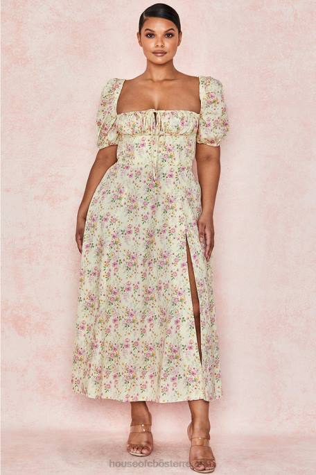 House of CB Kleidung Z26T617 Tallulah Zitronenblümchen-Midi-Sommerkleid mit Puffärmeln