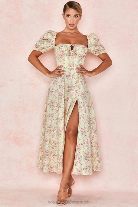 House of CB Kleidung Z26T617 Tallulah Zitronenblümchen-Midi-Sommerkleid mit Puffärmeln