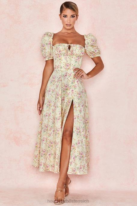 House of CB Kleidung Z26T617 Tallulah Zitronenblümchen-Midi-Sommerkleid mit Puffärmeln