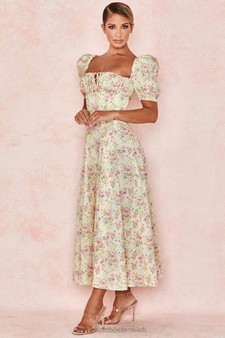 House of CB Kleidung Z26T617 Tallulah Zitronenblümchen-Midi-Sommerkleid mit Puffärmeln