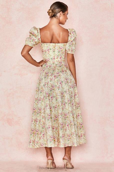 House of CB Kleidung Z26T617 Tallulah Zitronenblümchen-Midi-Sommerkleid mit Puffärmeln