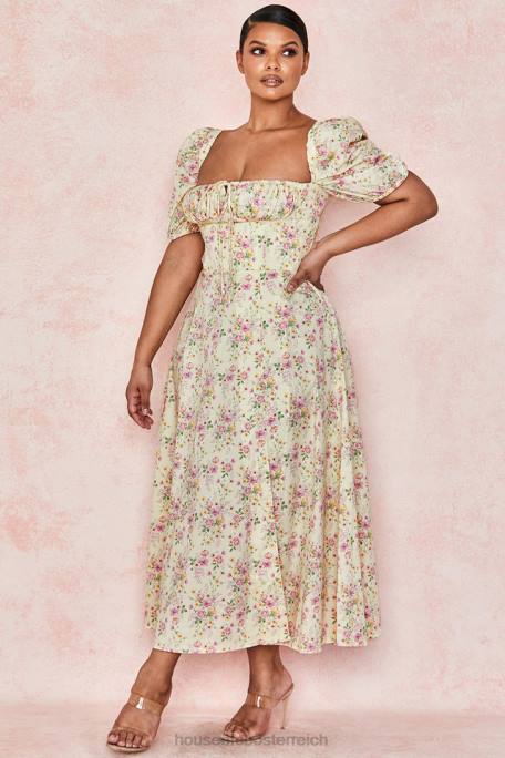 House of CB Kleidung Z26T617 Tallulah Zitronenblümchen-Midi-Sommerkleid mit Puffärmeln