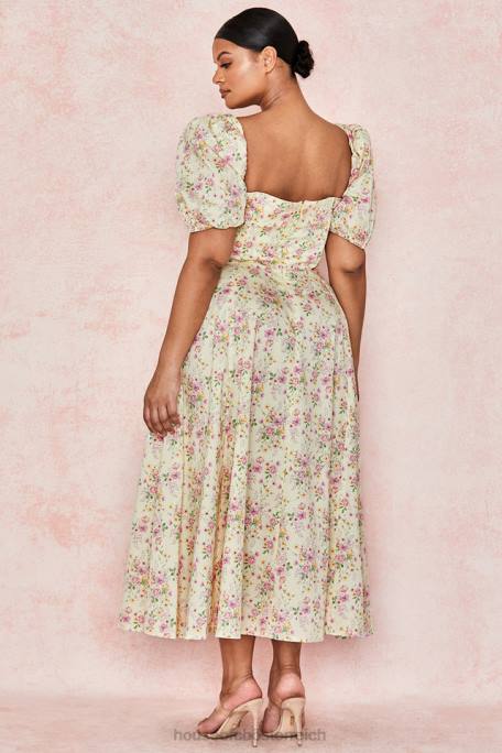 House of CB Kleidung Z26T617 Tallulah Zitronenblümchen-Midi-Sommerkleid mit Puffärmeln