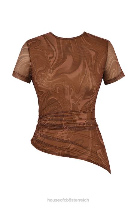 House of CB Kleidung Z26T751 Asymmetrisches T-Shirt mit Claudie-Cacao-Swirl-Print