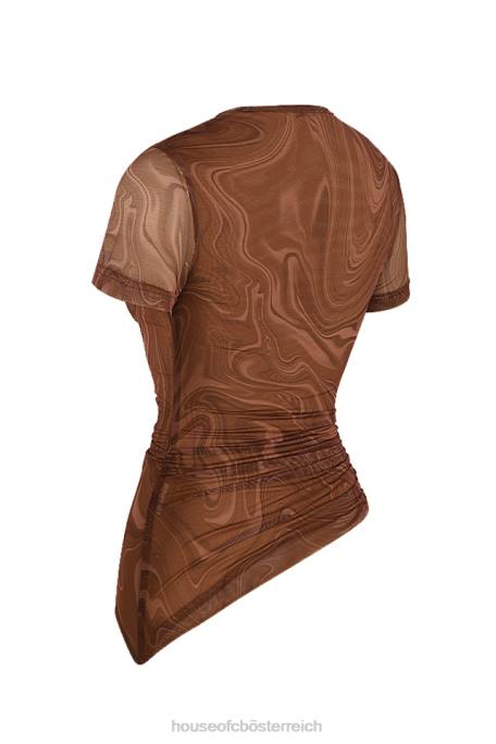 House of CB Kleidung Z26T751 Asymmetrisches T-Shirt mit Claudie-Cacao-Swirl-Print